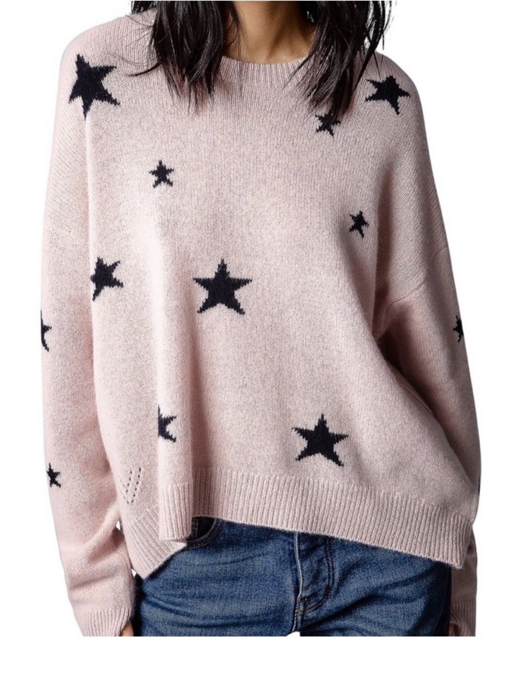 Zadig and Voltaire Pink/Navy Markus Stars 100% Cashmere Sweater Like New L
